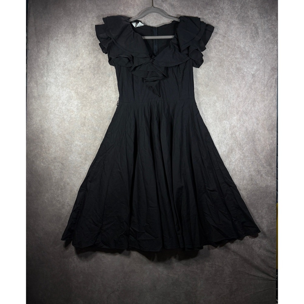 Vintage Edith Flagg Dress Womens 12 Black Ruffle V-Neck Fit Flare Rockabilly 50s